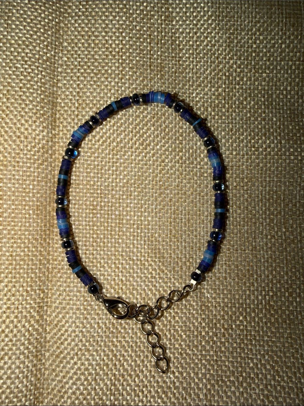 Black Blue Silver Tone Chain Beaded Bracelet